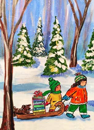 Books on Sled ProLIteracy Charity Christmas Card