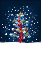 This colorful charity holiday card, supporting the Global Health Council, features a single red bark tree with colorful ornaments against a dark blue background including snowflakes and stars, printed on recycled paper.