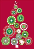 This charity card features contemporary designed circles arranged in the form of a holiday tree on a bold red background of recycled paper. This card supports Our Military Kids.