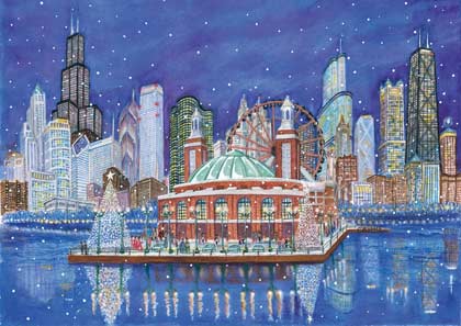Holidays at the Navy Pier in Chicago Holiday Card by Artist Gail Basner