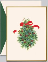 A colorful holiday swag tied with a red and gold ribbon with a gold foil border.  Select from our holiday greeting options for your holiday message on the inside or create your own with the many fonts and colors to choose form.  The envelope may be lined for an added touch of cheer.