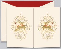 This card  features a pair of reindeer in a winter country atmosphere engraved on Ecru 100% cotton paper.  Unlined matching envelopes are included and you can upgrade to include colorful envelope liners, such as Forest shown here, to add a touch of class to your selection.