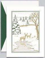 Winter Scene features a pair of deer in the winter woods and nicely engraved with foil stamping.  Unlined envelopes are included and you can upgrade to include colorful envelope liners like Forest liner shown.  Fully customize the card inside and your return address.