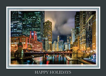Colorful Chicago River Evening Holiday Cards