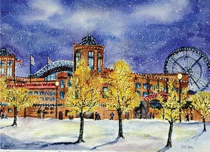 Navy Pier in Winter is a Chicago Christmas card from a watercolor by Pat King