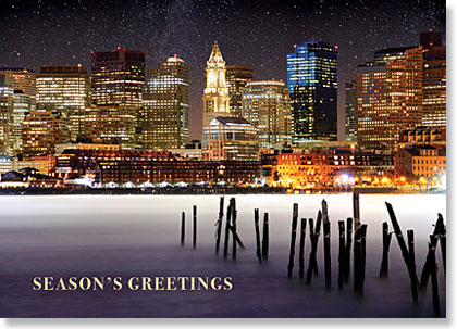 Boston's Skyline At Night From The Frozen Waterfront - Business Holiday Cards.