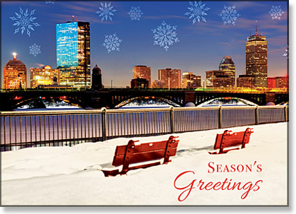 Boston Back Bay Christmas card from across the Charles River  with red benches covered in snow.