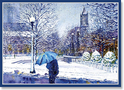 Business Christmas Card of Thomas Rebek's Blue Umbrella of Boston's Copley Square in the Back bay.