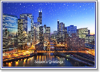Chicago River Sunset Holiday Card Seasons Greetings Christmas card with light snow at sunset over the Chicago River for businesses.