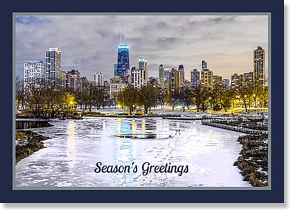 Corporate holiday card of the Chicago winter skyline from Lincoln Park framed with a toned border.