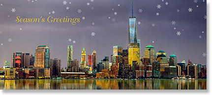 Lower Manhattan Skyline Holiday Greeting Card New York City company holiday card of the lower Manhattan skyline with the World Trade Center.