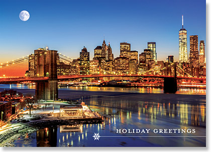 Business Holiday Card of Manhattan from the East River with the Brooklyn Bridge