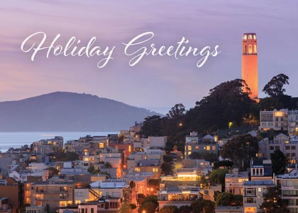 San Francisco Coit Tower at Dusk Christmas Holiday Card