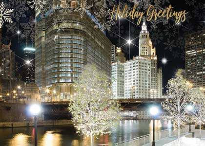 Chicago River at Night Festive Holiday Card
