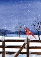 Feathered Friends features a red cardinal sitting on a country fence with a winter scene backdrop and printed on recycled paper.  Personalize the inside of this card with your own holiday message and company name.