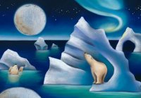 Polar Bear Ice Capades includes frolicking polar bears amongst ice bergs with a full moon and the Aurora Borealis overhead.  Printed on recycled paper.