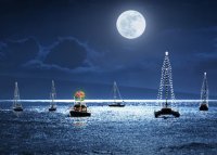 Holiday Sail shows a flotilla of sailing vessels under a full moon.  Printed on recycled paper.  This charity holiday card supports Feeding America.  Personalize the card inside with your own holiday message and company name.