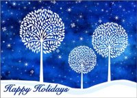 White Tree Trilogy charity holiday cards include three contemporary white trees against the starlight night sky and a vivid Happy Holidays message along the bottom left corner.  Printed on recycled paper.  These cards support Feeding America.