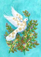 Peace Dove charity holiday card features a white dove landing on olive branches.  A very colorful holiday card perfect for any international organization.  Printed on recycled paper.