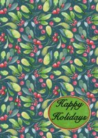 Seasonal Greens features bright red berries on green holiday leaves creating a colorful and unique holiday card support HealthRIGHT International.  Printed on recycled paper.  Customize the inside of this charity card with your own holiday message and personal or company name.