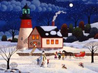 A colorful and festive charity holiday card features a holiday scene of a coastal town during the holiday season made from an original folk art painting.  Printed on recycled paper.