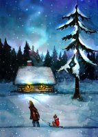 This charity holiday card is from a watercolor painting of a beautiful country  winter nightfall scene  with a child being pulled on a sled.  Printed on recycled paper.