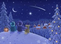 This holiday card shows two young friends and their dog sitting on a snow covered hill  at night and gazing at the starlight sky with a shooting star.  Printed on recycled paper.  This charity card supported the Starlight Children's Foundation.