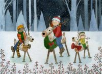 This children's charity holiday card features young friends enjoying  a fun ride on birch log reindeers.  A very colorful card printed on recycled paper