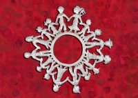 Children of the world, demonstrating unity in this contemporary aluminum sculpture design against a vivid red  background with this charity holiday card.  Printed on recycled paper.