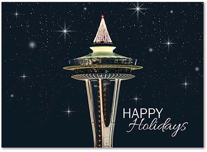 Glistening Seattle Space Needle Christmas Holiday Cards