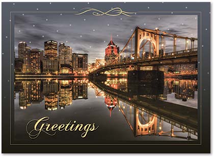 Pittsburgh's Clemente Bridge and the North Shore Reflections Holiday Card