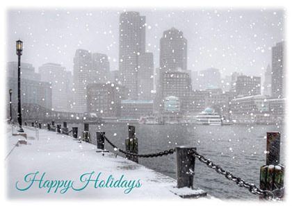 Snowing on Boston Harbor Holiday Card