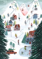 This chairty holiday card features a mountain resort filled with  many skiers having fun.  This holiday card supports Feeding America