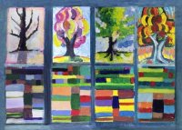 This colorful charity holiday card features a collage of paintings of the four seasons of trees and was  inspired by works of art created by Monet, Klee and Van Gogh.  This card supports Feeding America