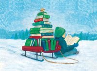 A sled full of books with a young reader outdoors and printed on coated 12pt  recycled paper.  This card supports the ProLiteracy.charity.