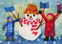 This Charity holiday card features a colorful snowman with two children on either side with books and supports ProLiteracy.  Printed on Recycled Paper.