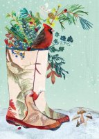 This charity card features a hand painted pair of snow boots and is overflowing with a seasonal bounty.  Printed on recycled 12 pt coatd paoer and includes a white, unlined square flap envelope.