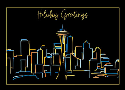 A colorful illustration of the skyline of Seattle for your holiday cards