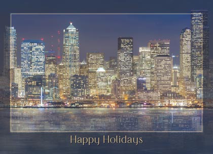 The Seattle skyline as seen from Elliott Bay in the evening.