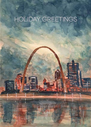 A holiday card using a watercolor painting of St. Louis with the  Golden Arch