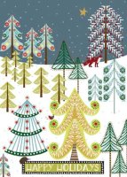 Funky Trees charity holiday cards support Feeding America. The cards are printed on 12 pt.  coated recycled paper.  The card includes a white, unlined, square flap envelope.