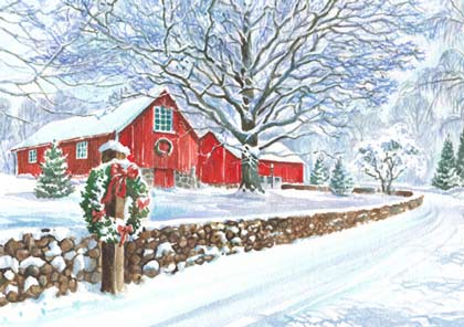Snowy Red Barn Charity Holiday Card
